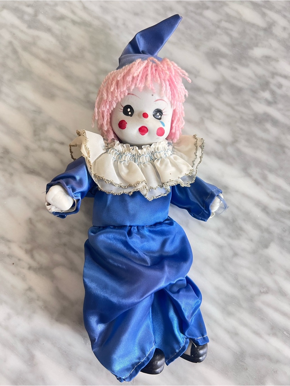 Vintage Porcelain Blue Clown Plush Doll